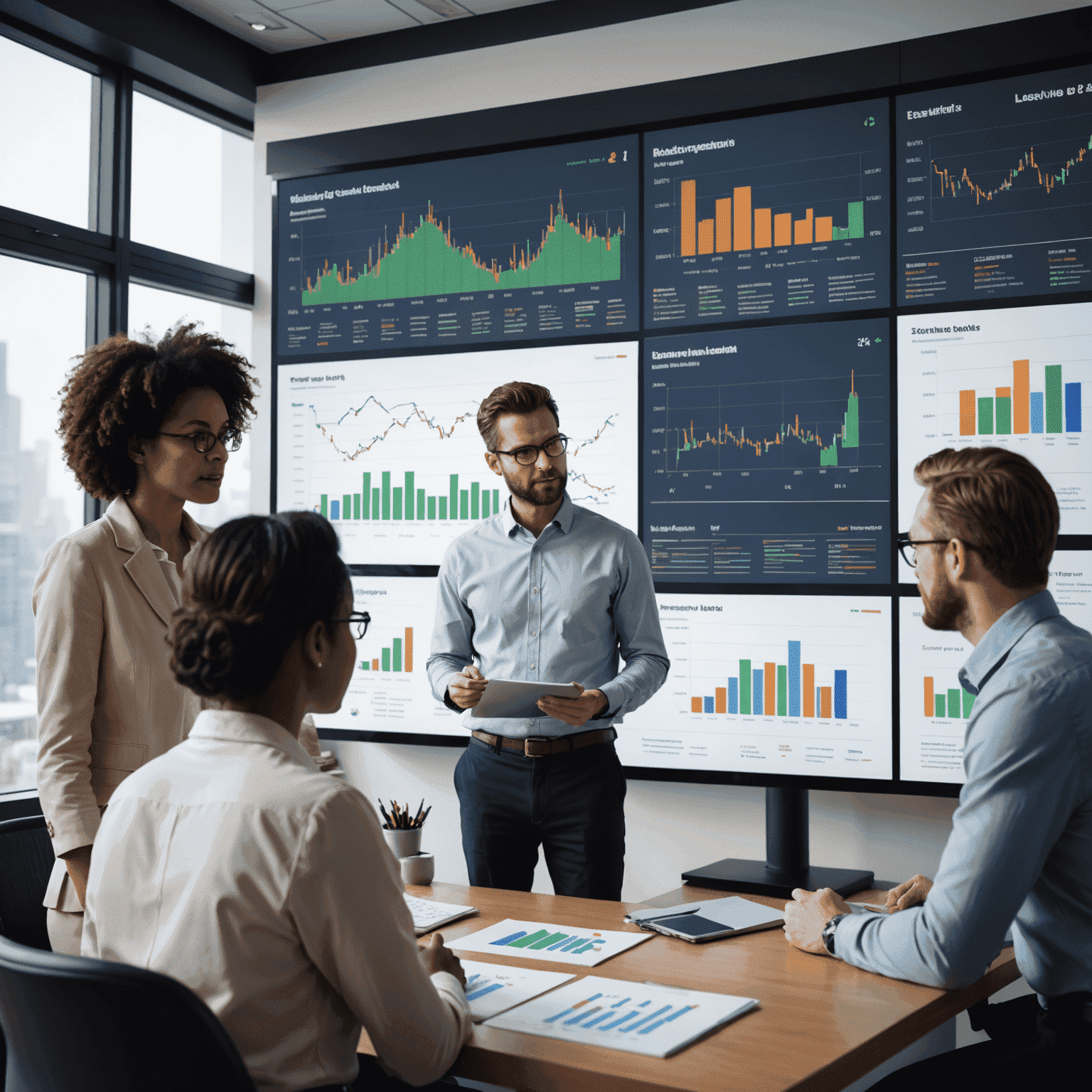 A group of diverse people looking at charts and graphs on a large screen, symbolizing collaborative learning about investments
