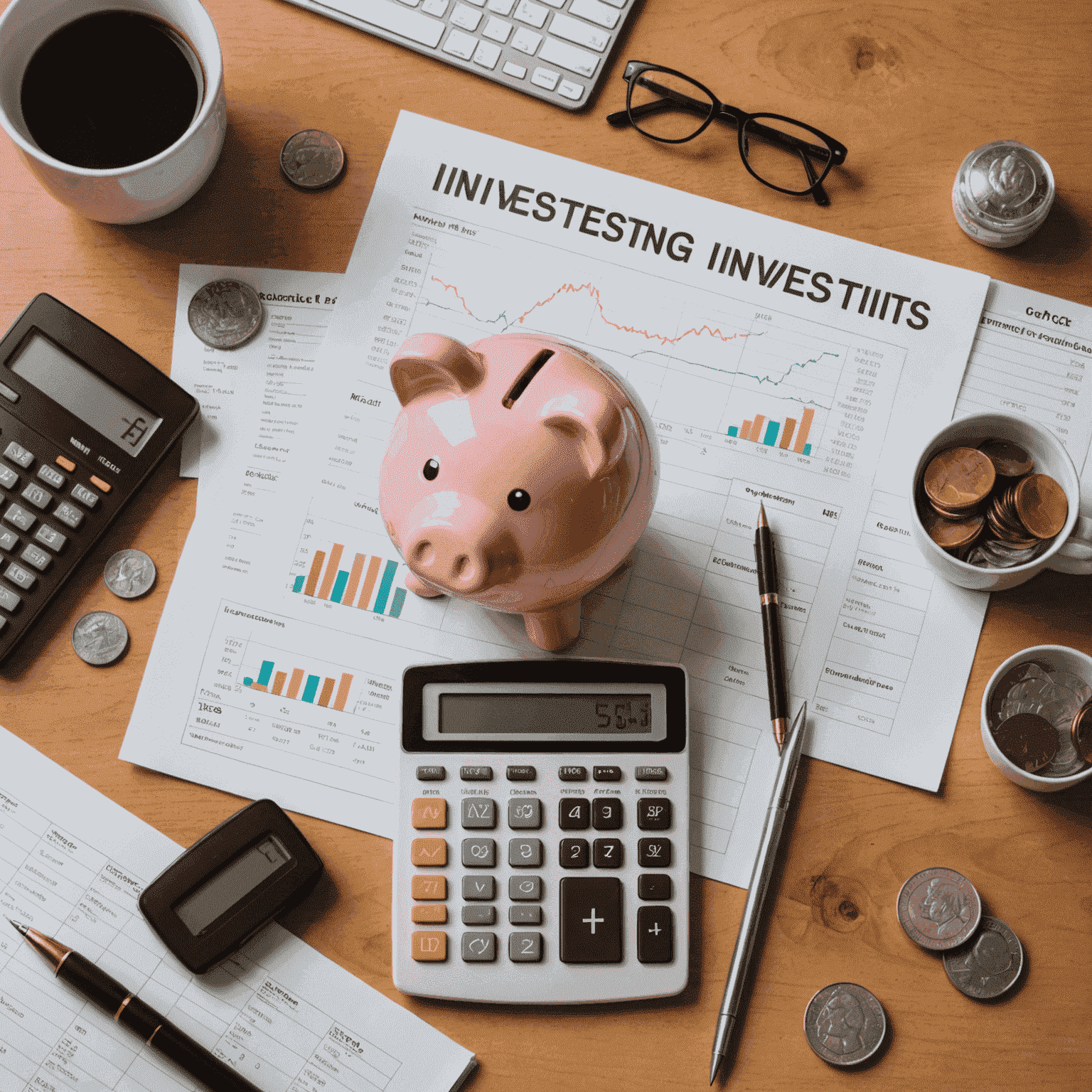 A collage showing various investing concepts: stock charts, coins, calculator, and a piggy bank. Represents the basics of investing for beginners.