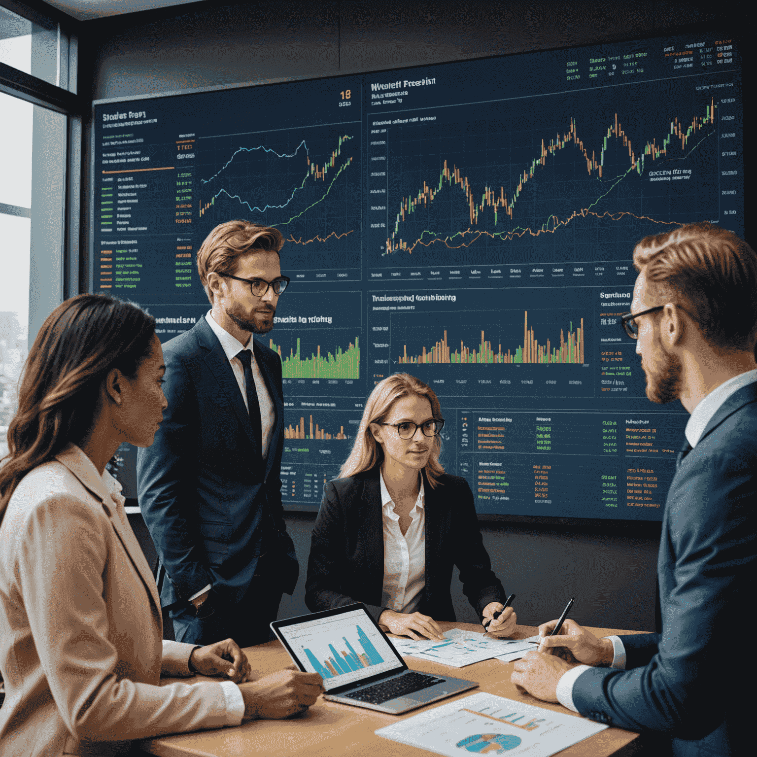 A diverse group of people looking at financial charts and graphs on a large screen, symbolizing the journey of learning about investing