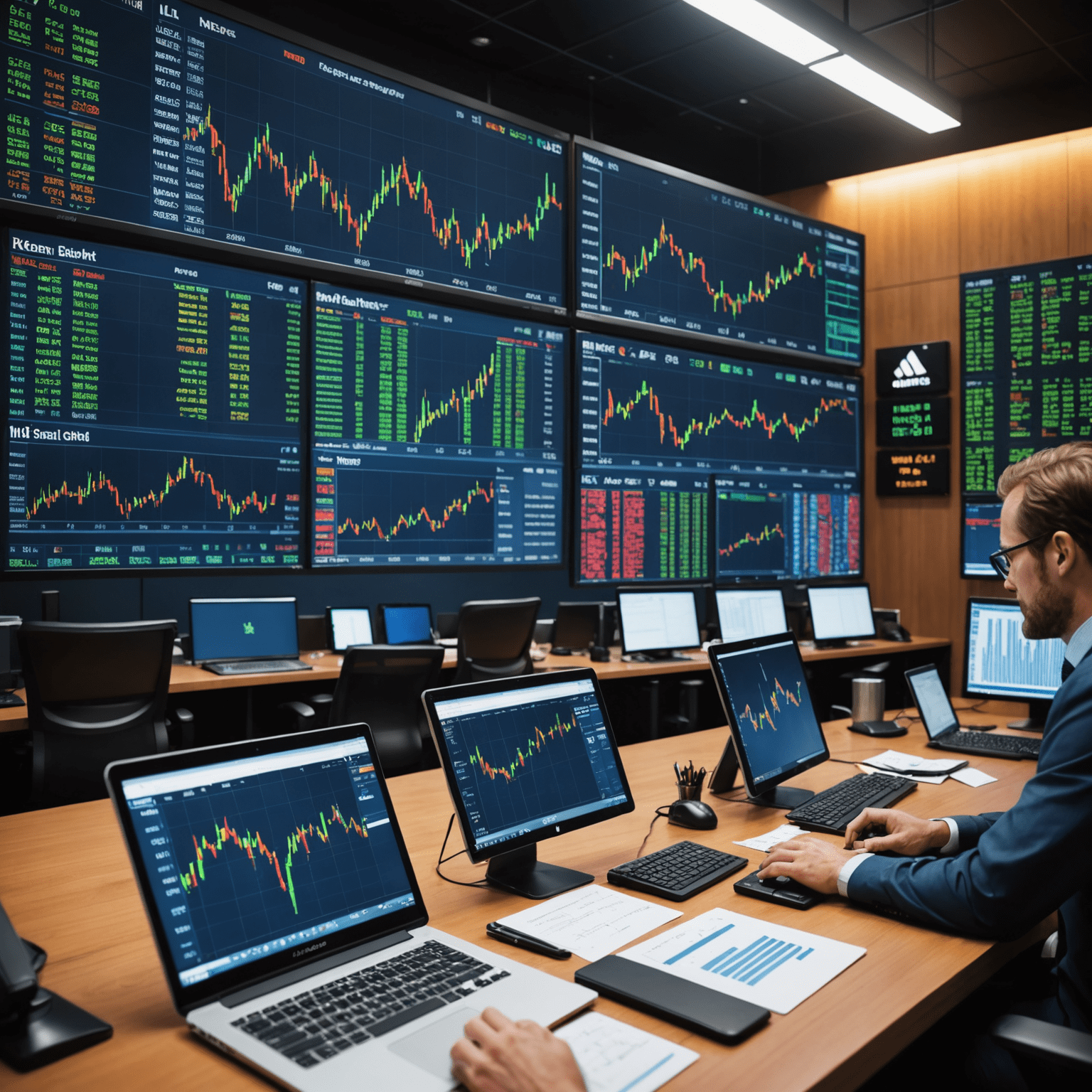 A visual representation of the stock market with graphs, charts, and trading floor imagery