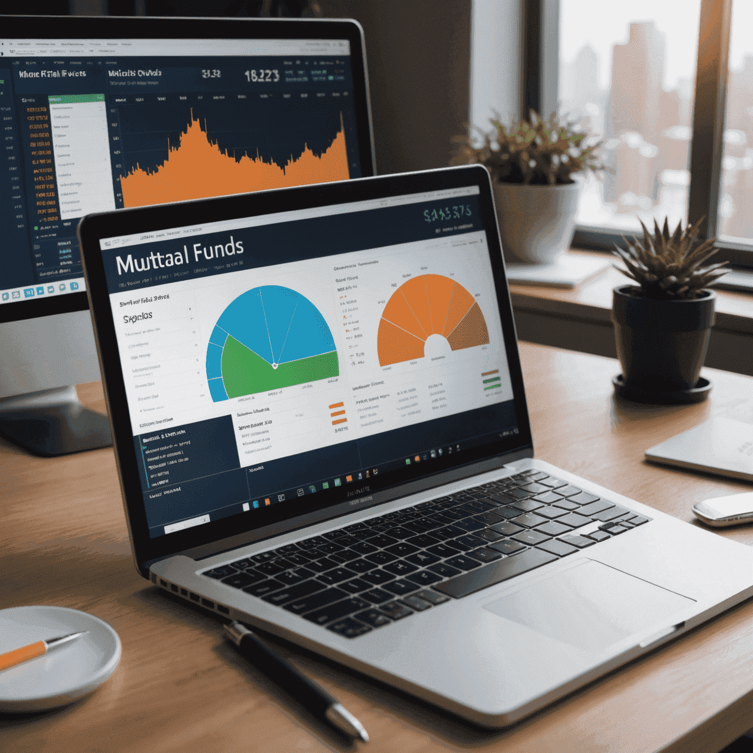 A split image showing a mutual fund portfolio on the left and an ETF trading screen on the right, symbolizing the comparison between mutual funds and ETFs