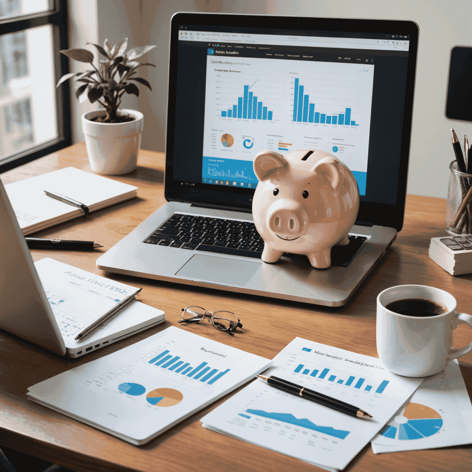A person sitting at a desk, working on a laptop with financial charts and a piggy bank nearby, symbolizing personal budgeting and investing