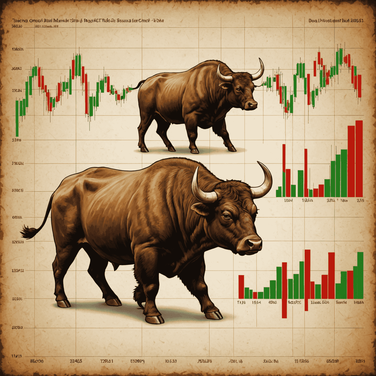 An illustration of a stock market chart with bull and bear symbols, representing the ups and downs of the market.
