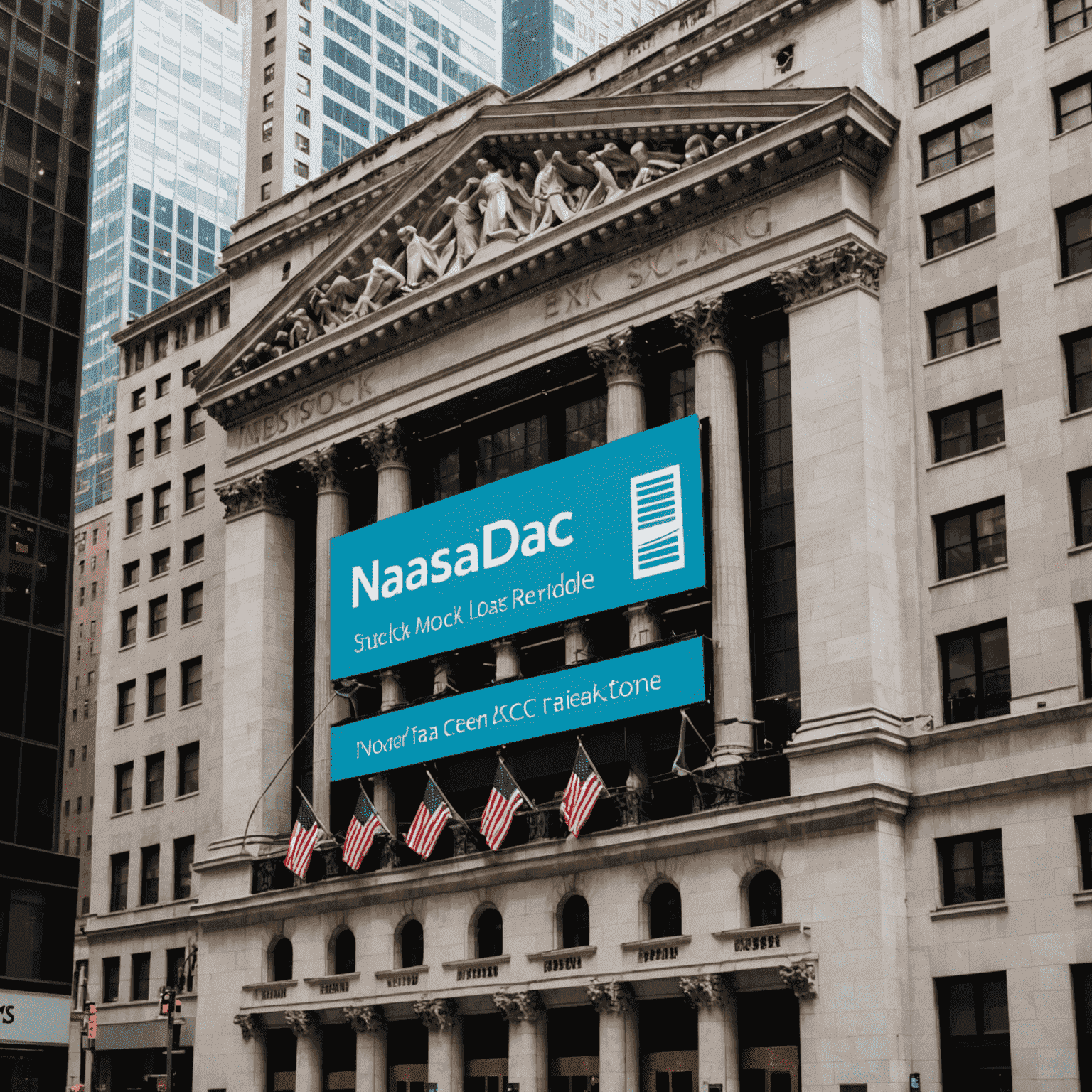 An illustration showing the New York Stock Exchange building and the NASDAQ electronic display