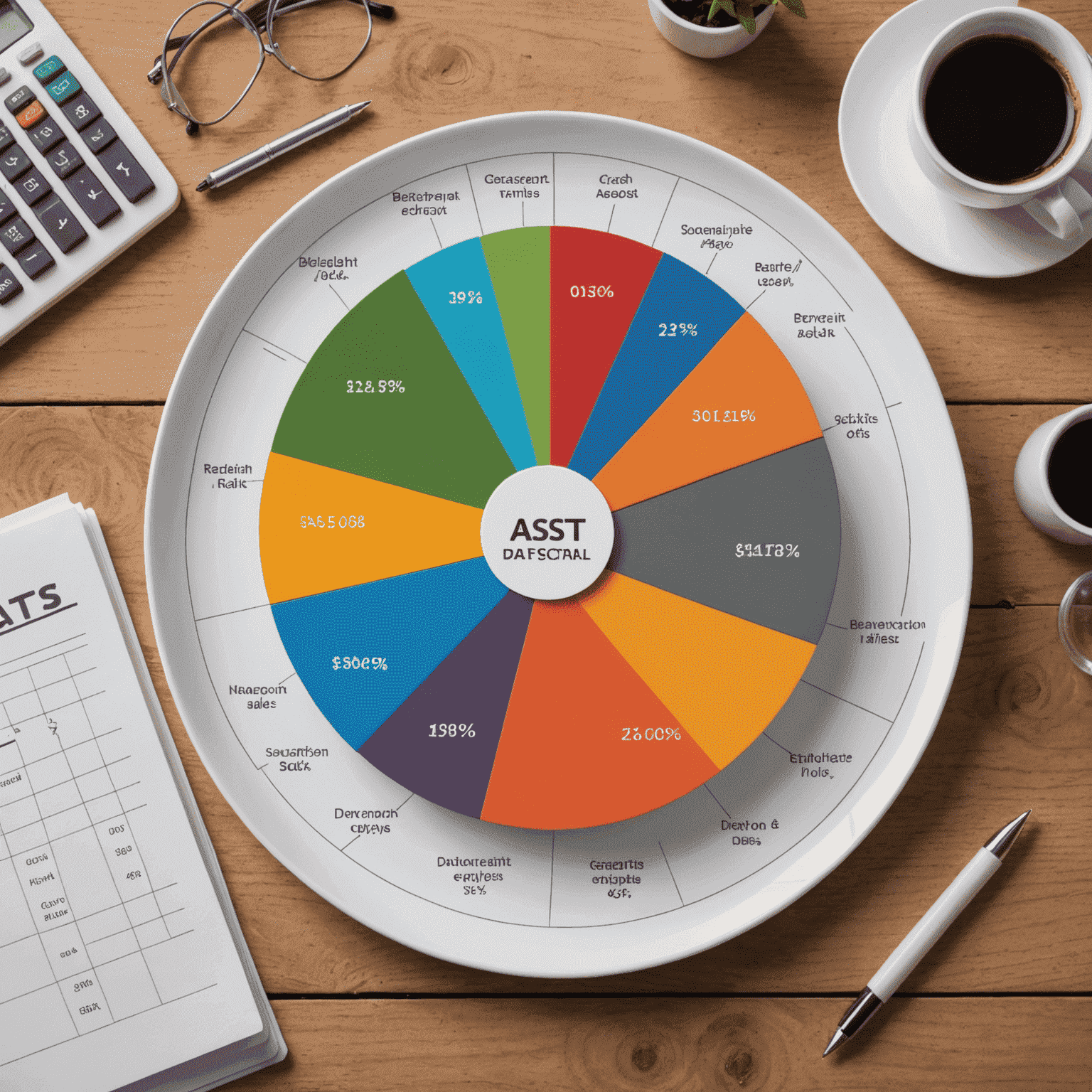 A pie chart showing a balanced allocation of different asset classes in a diversified portfolio, including stocks, bonds, real estate, and cash