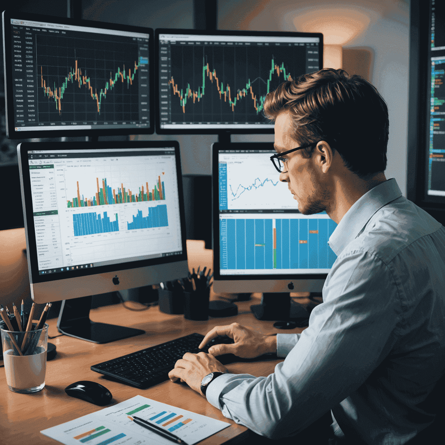 A person studying stock market charts on a computer screen, surrounded by financial books and documents