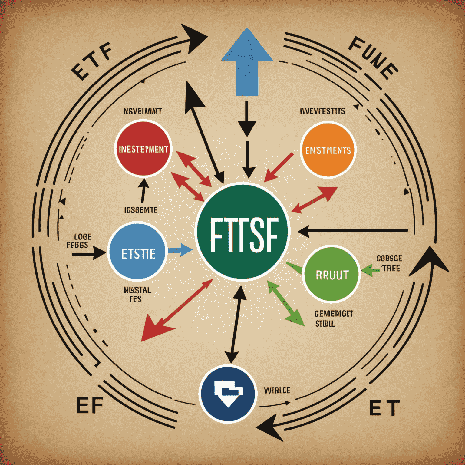A split image showing mutual fund and ETF logos, with arrows indicating the flow of investments, representing the comparison between these two investment vehicles.