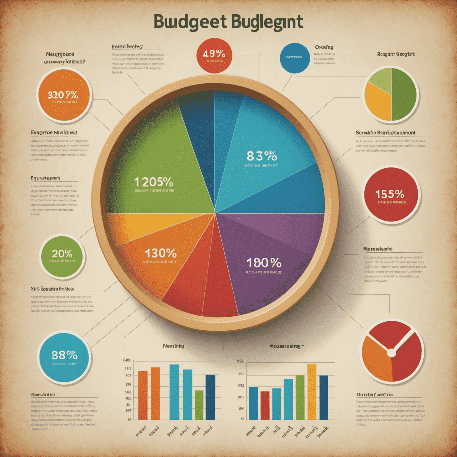 An infographic showing a budget pie chart, savings jar, and investment growth chart, illustrating personal finance and budgeting concepts.